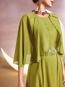 Modelyn Women's Cape Sleeve Round Neck Dress Long Evening Dresses - Mustard Yellow - View 7