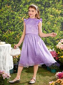 Tween Girls' Lace Collar Cape Sleeve Back-Opening Rhinestone Blouse With Beaded Mesh Flowy Skirt Set - Lilac Purple - View 4