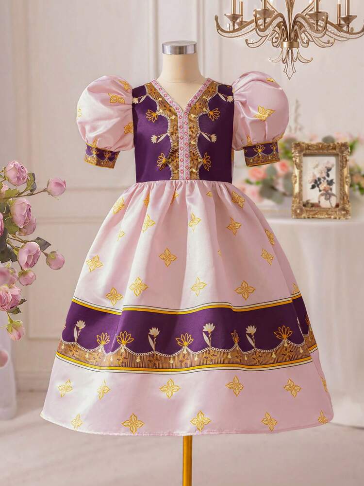 Tween Girls' Cute Floral Printed V-Neck Puff Sleeve Dress