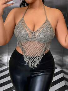 Allurite Plus Size Solid Color Hollow Out Knitted Top With Fringe Hem, Open Back & Halter Neckline - Camel - View 3