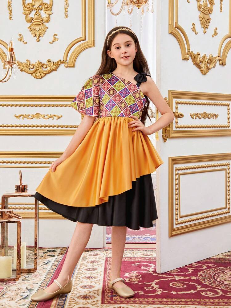 Tween Girls' Gorgeous Asymmetrical Shoulder Patchwork Dress With Contrasting Fabrics, Medium Length