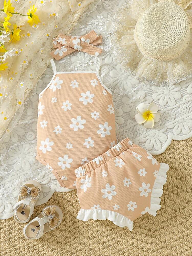 Baby Girl Floral Printed Cami Bodysuit With Shorts & Headband Set For Home Wear
