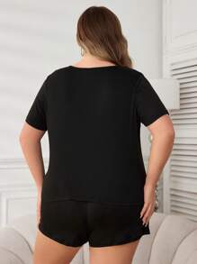大码女式简约心形印花短袖 T 恤和短裤睡衣套装睡衣套装 - 黑色 - 查看 3