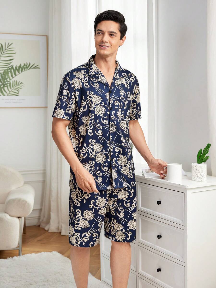 男士印花短袖襯衫和家居套裝 - 彩色 - 查看 1