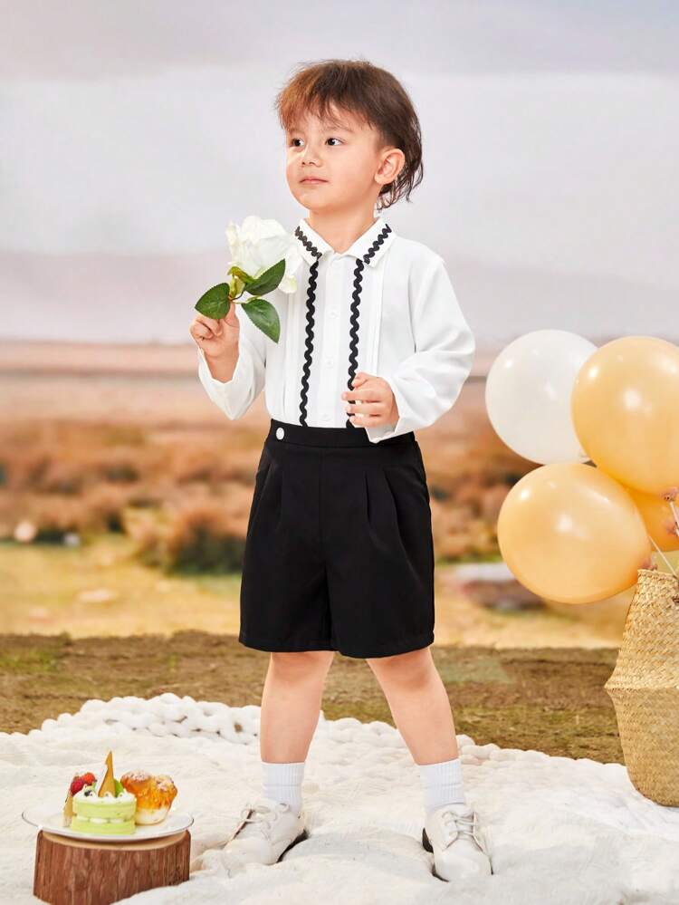 Young Boys' Matching Colorful Edged Shirt And Shorts Set, Gentleman Style