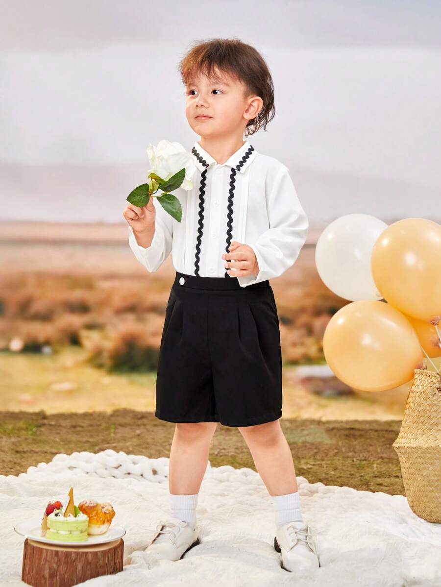 SHEIN Young Boys' Matching Colorful Edged Shirt And Shorts Set, Gentleman Style