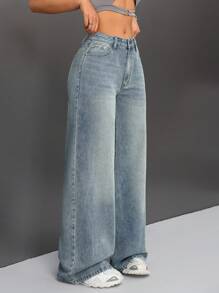 SHEIN ICON 女性復古寬腳牛仔褲,帶口袋 - 淺色水洗藍 - 查看 1