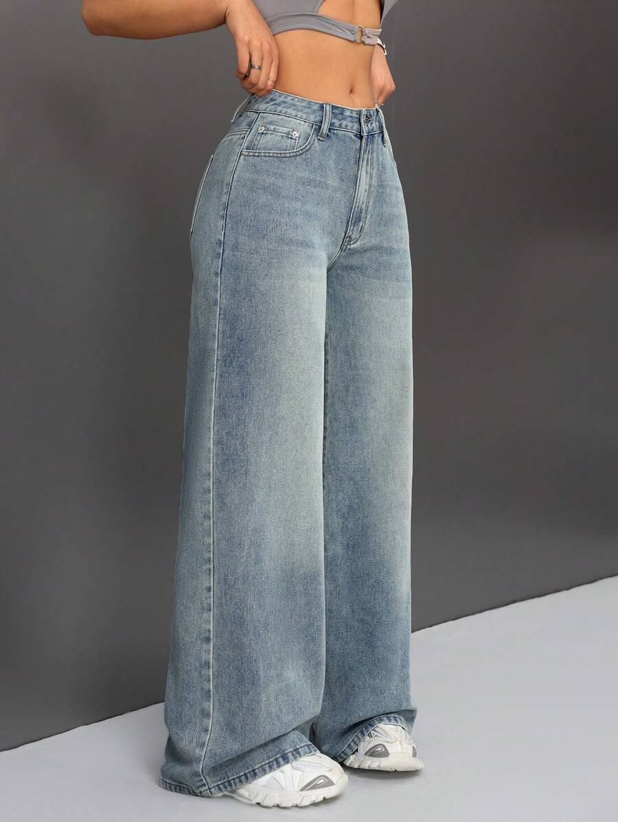 SHEIN ICON 女性復古寬腳牛仔褲,帶口袋 - 淺色水洗藍 - 查看 1