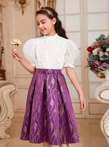 SHEIN Tween 女童修身可爱立领泡泡袖衬衫和提花裙两件套 - 彩色 - 查看 2