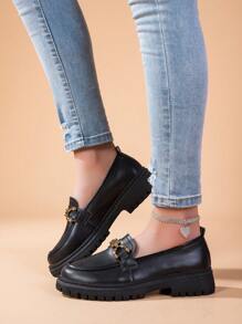 BALTEOP 2024 New British Style Women's Black Slip-On Flat Shoes With Metal Buckle & Leather Splicing