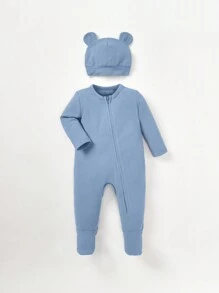 Cozy Pixies 男婴童素色拉鏈開襟連體睡衣&3D耳朵設計帽