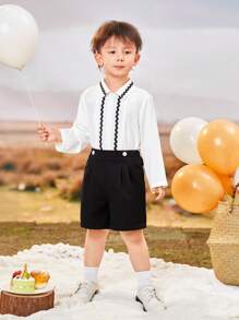 SHEIN Young Boys' Matching Colorful Edged Shirt And Shorts Set, Gentleman Style