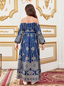 SHEIN Wunderschönes Geometrisches Muster-kleid Mit Off-shoulder-design Für Tween Mädchen - Blau - Übersicht 3
