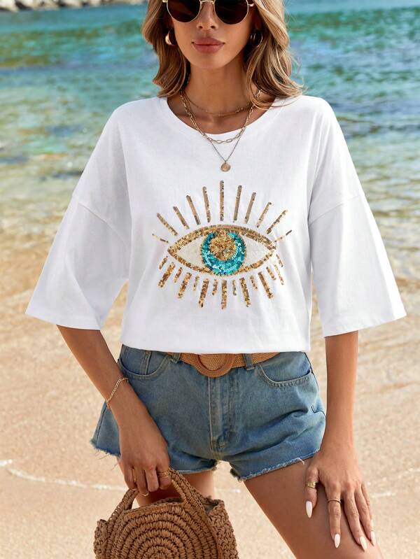 EURMUSE Drop Shoulder T-Shirt With Eyeball Embroidery And Sequin Decoration