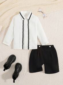 SHEIN Young Boys' Matching Colorful Edged Shirt And Shorts Set, Gentleman Style