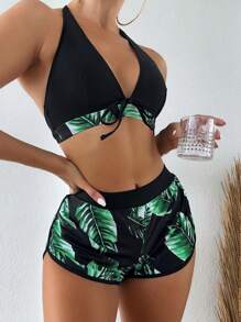SHEIN Swim 3packs Leaf Print Bikini & Swim Shorts,Summer Beach - Dark Green - View 1