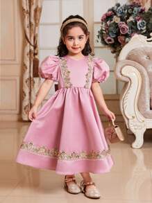 SHEIN Süßes Kleid mit Puffärmeln, rundem Ausschnitt und Schleifen am Rücken für Kleine Mädchen