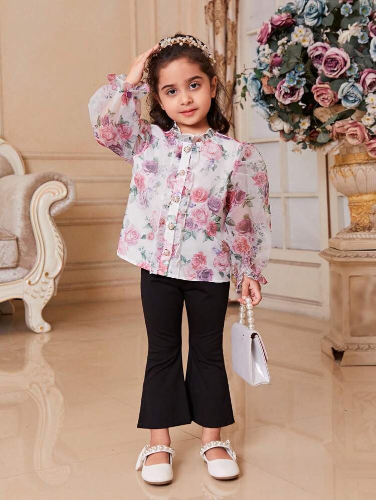 Young Girl Loose & Cute Vacation Style Stand Collar Flower Pattern Printed Shirt With Back Bowknot