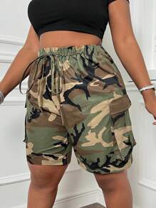 SHEIN CURVE+ Damskie szorty cargo w dużych rozmiarach, na co dzień ściągane sznurkiem