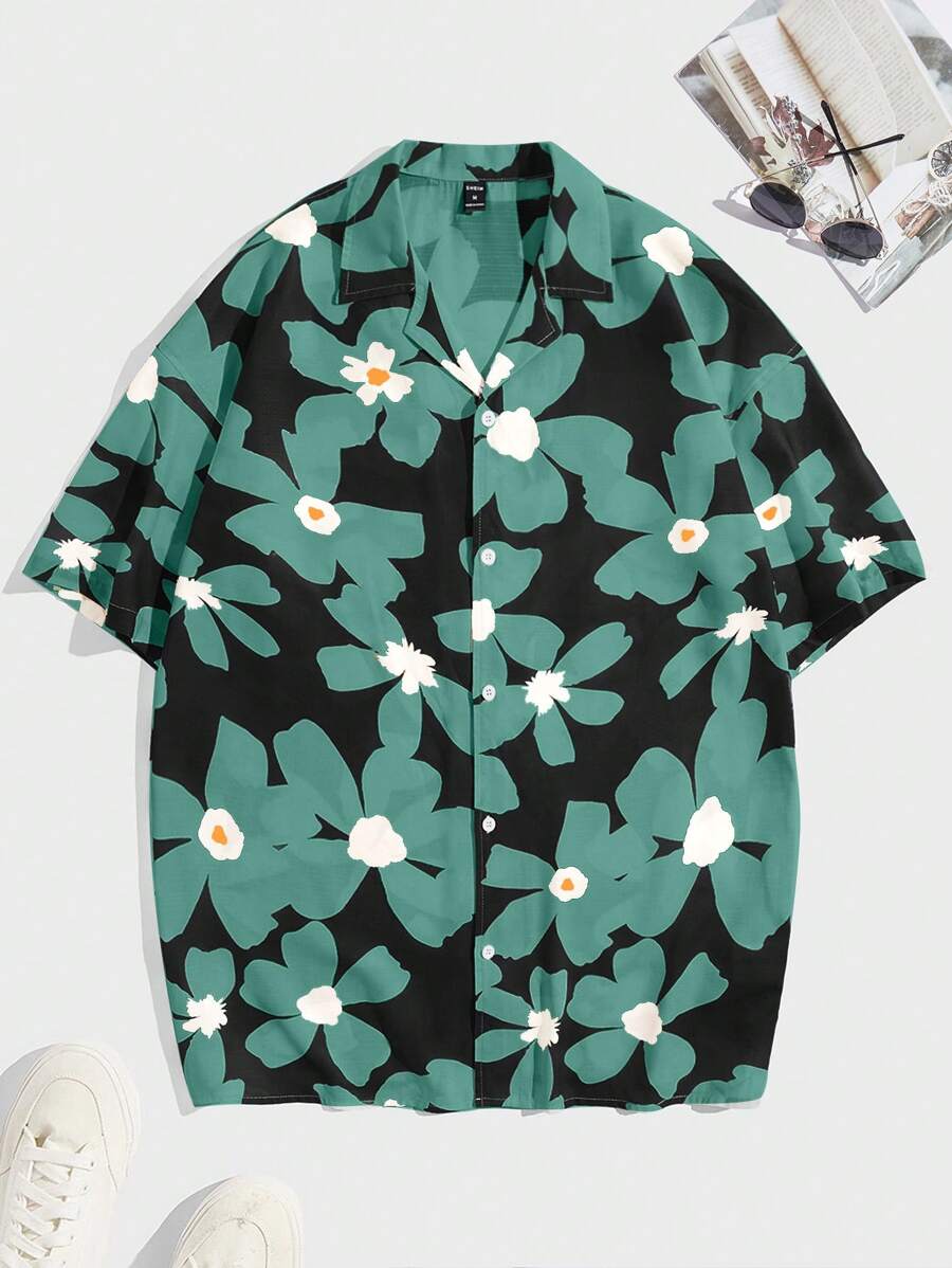 Manfinity RebelGame 男士編織花卉印花休閒襯衫 - 綠色 - 查看 1