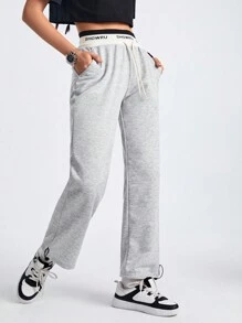 Street Sport Women's Letter Print Drawstring Joggers With Cuffed Hem - Grey - View 5