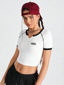 Street Sport Women's Raglan Short Sleeve Letter Patchwork Contrast Color Hemline Asymmetric Neck Sport T-Shirt - White - View 4