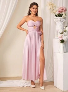 SHEIN Belle Solid Color Twisted Knot & Hollow Out & 3d Flower Decor High Split Strapless Bridesmaid Dress - Pink - View 5