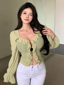 Dazy Designer Women's French Style Ruffled Texture Blouse With Short Sleeves Crop Women Tops Long Sleeve Top Easter - Green - View 5