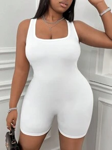 CovetEZ Kích thước lớn Co giãn Đan Yoga Đơn giản Áo liền quần - trắng - Xem 3