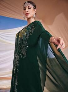 Al Najma Women's Sparkling Rhinestone Batwing Sleeve Arabic Style Kaftan Dress, Evening Loose Dress, Elegant Evening Party Dress