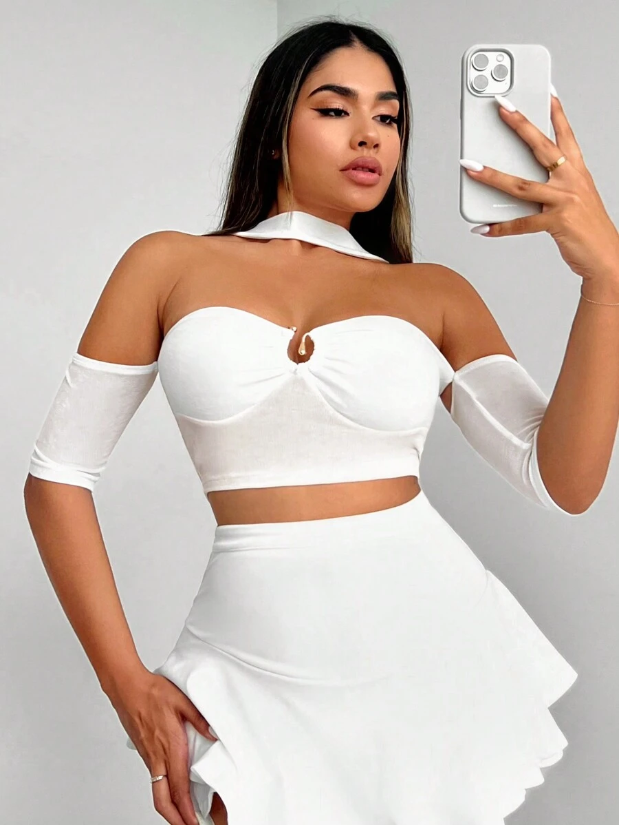 SHEIN SXY Của phụ nữ Off Shoulder Dây Nút kim loại Chi tiết Quần skinny Áo - trắng - Xem 1