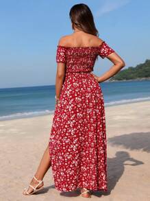 SHEIN Maternity Flower Print Off-Shoulder Shirred Top With Ruched Hem And A-Line Skirt Set - Red - View 2