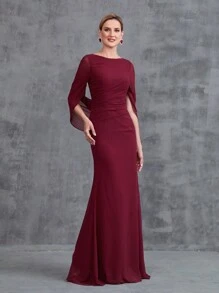 Women's Front Pleated Back Drape Formal Mermaid Dress, Burgundy - Burgundy - View 1