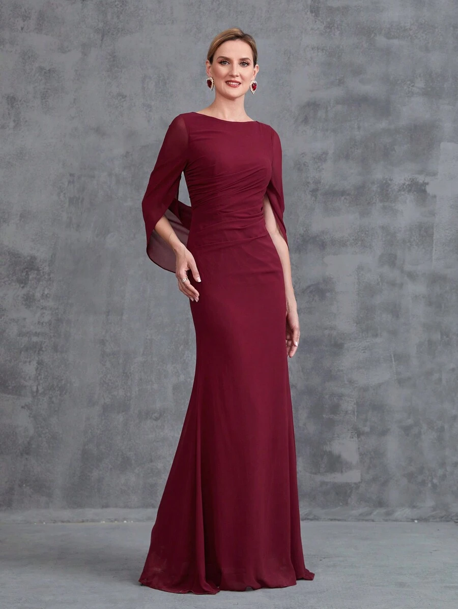 Women's Front Pleated Back Drape Formal Mermaid Dress, Burgundy - Burgundy - View 1