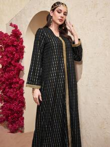 Layrah 女士土耳其传统 Jalabiya 带有金银线编织条纹，优雅奢华的晚会风格