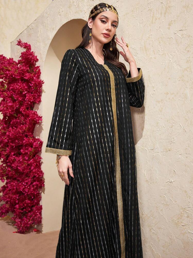 Women's Turkish Traditional Jalabiya With Gold & Silver Thread Woven Stripes, Elegant Luxury Evening Party Style