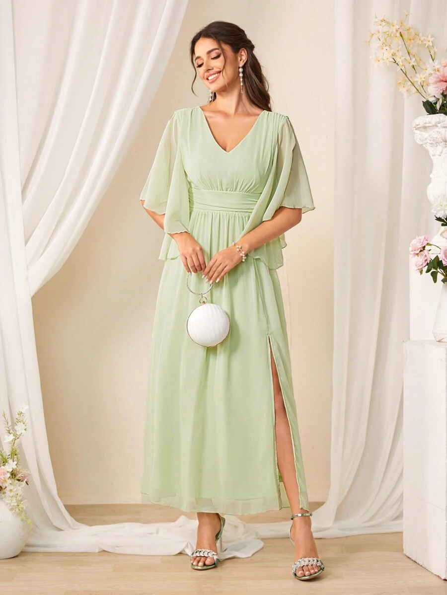 SHEIN Belle 女士伴娘禮服,高開叉和收腰設計 - 綠色 - 查看 1