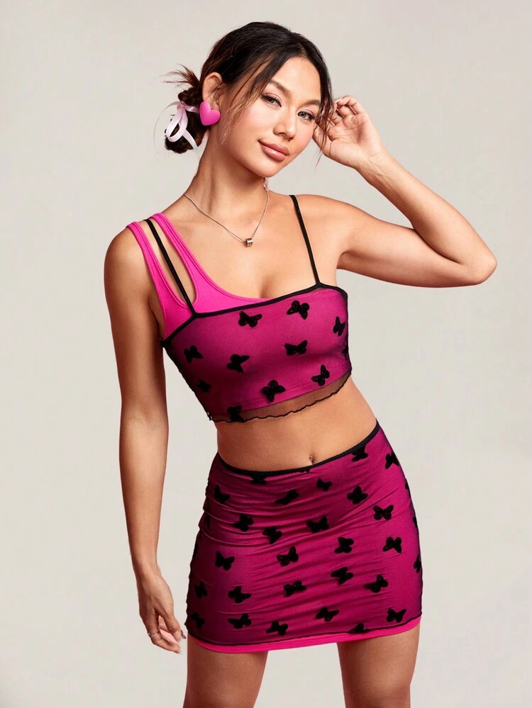 2pcs/Set Lettuce Edge Butterfly Embroidery Mesh Overlay Outfit