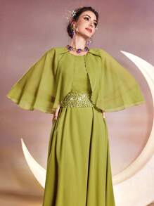 Modelyn Women's Cape Sleeve Round Neck Dress Long Evening Dresses - Mustard Yellow - View 4