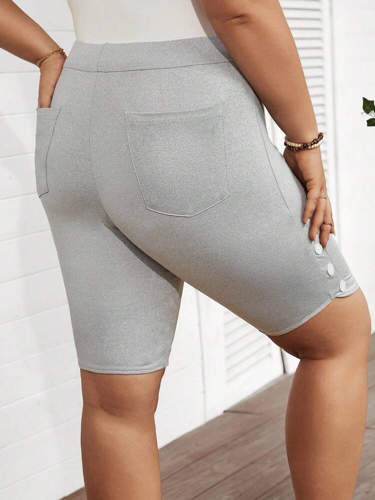 Plus Size 3pcs/Set High Elasticity Sports & Casual & Daily Basic Shorts Set With Side Wooden Button & Buckle Decor, For Women