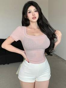 Dazy Designer Pink Double Layered T-Shirt With Frill Hem Sexy Top Preppy Tops - Pink - View 9