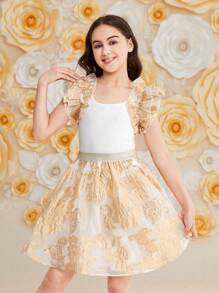 SHEIN Tween Girls' Square Neckline Ruffle Trim Top And Jacquard A-Line Skirt Set