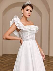 SHEIN Belle One-Shoulder Ruffled Edge Wedding Dress With Back Tie - White - View 2