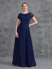 圆领撞色蕾丝短袖新娘妈妈礼服 - 藏蓝色 - 查看 3
