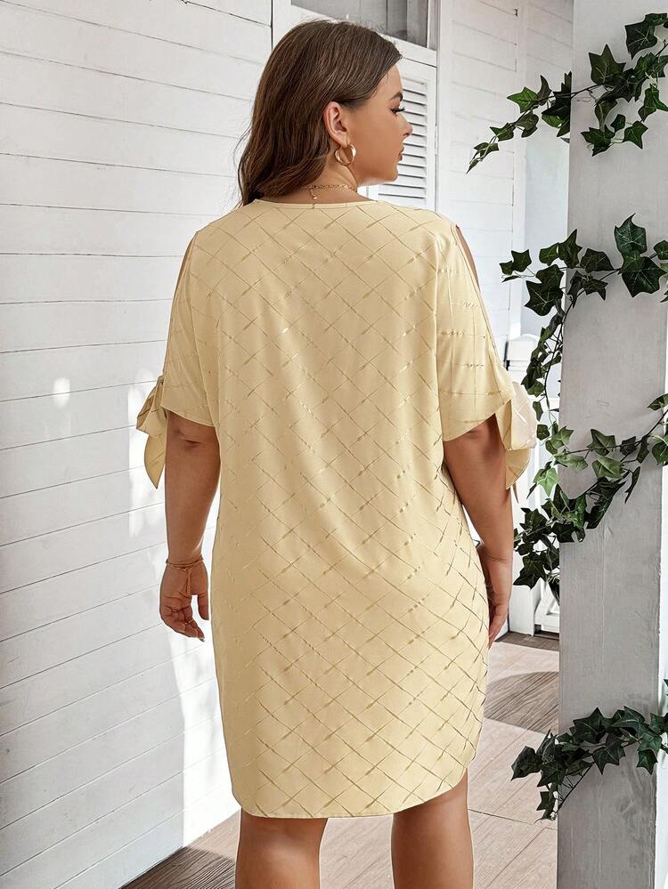 Plus Size Off Shoulder Sleeve Bowknot & Metallic Textured Mini Dress, Perfect For Casual, Wedding Guest, Bridesmaid, Holiday Party, Or Brazilian Carnival