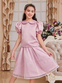 SHEIN Tween Girls' Cute Peter Pan Collar Bubble Sleeve Blouse And Skirt Set - Pink - View 6