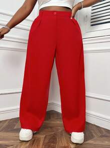 SHEIN EZwear Pantalones Rojos De Talle Alto Y Pierna Recta De Talla Grande