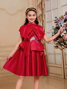 SHEIN Tween Girls' Stand Collar Sleeveless Satin Layered Dress With Ruffle Hem Decoration