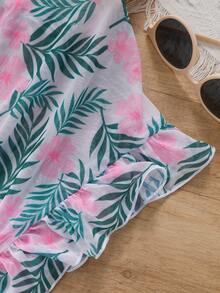 Tween Girls' Oversized Plant & Flower Printed Ruffle Trim Cover Up - Green - View 6