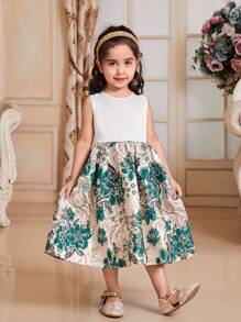 SHEIN Young Girl's Cute Jacquard Patchwork Sleeveless Dress With Round Neck, Detachable Bowknot On Back, Mid-Calf Length
